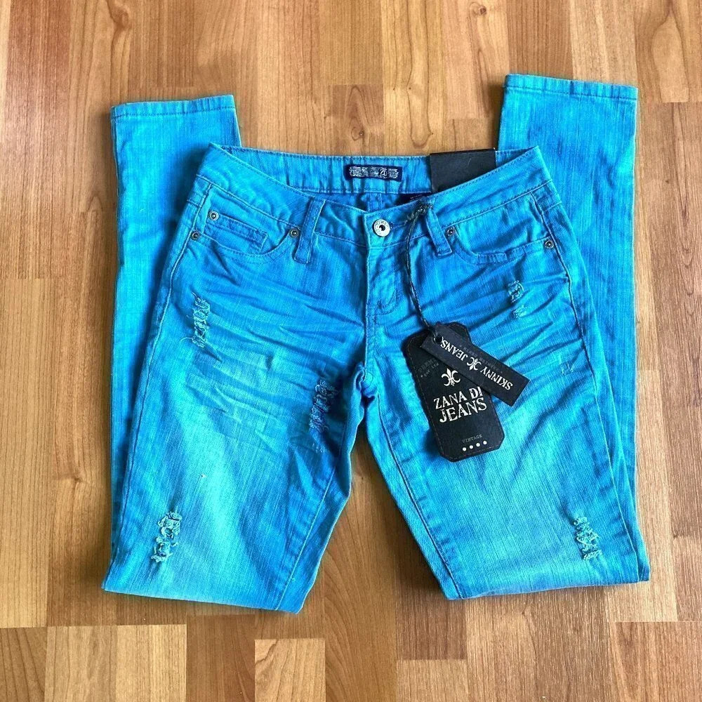 ZANA‎ Di Distressed Skinny Jeans, Blue, Juniors Size 1, New with Tags